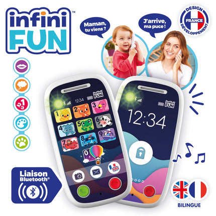 Bezgalīgā jautrība Mans pirmais īstais telefonu duets — pirmais telefons, kas ļauj veikt zvanus, izmantojot Bluetooth. – Imitācijas rotaļlieta, daudzvalodu, franču/angļu valodā, no 12 mēnešu vecuma