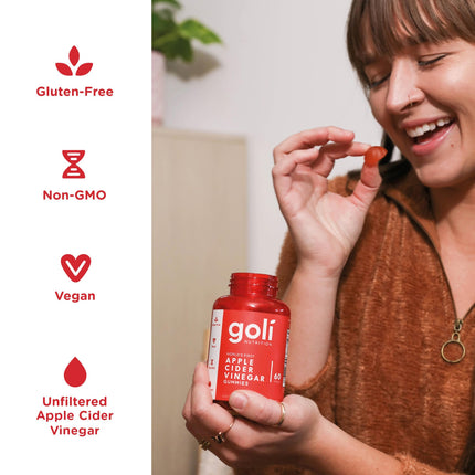 Goli Nutrition, ābolu sidra etiķis, 60 vegāniski želejkonfektes, 1000 mg ābolu sidra etiķa vienā porcijā, bez glutēna, bez sojas, bez ĢMO, ābolu sidra etiķa garša