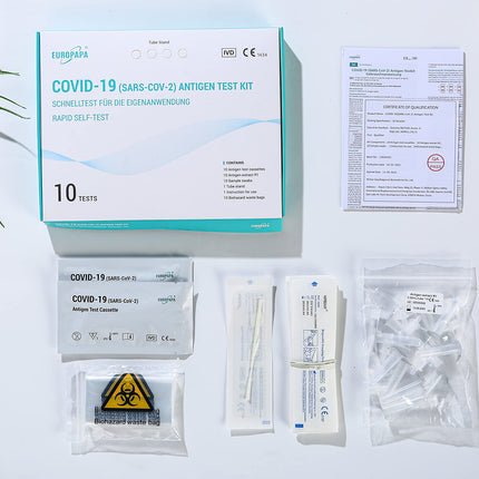 EUROPAPA® 10x koronavīrusa pašpārbaudes tests Covid-19 antigēna tests SARS-CoV-2 eksprestests pašpārbaudei testa kasete parauga uztriepes antigēna ekstrakts individuāli iepakots