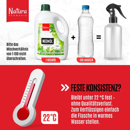 Natura Germania® Nīma eļļa 1000 ml ar ziepju riekstu ekstraktu ar smidzināšanas pudeli un mērtrauku - Pagatavo 100 litrus gatava šķīduma - Nīma aerosols dabiskai augu kopšanai istabas augiem/dārza augiem