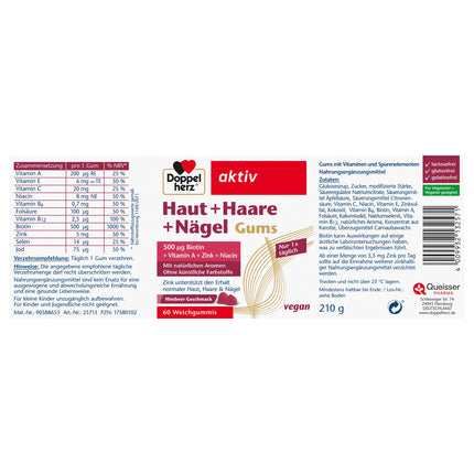 Doppelherz Skin + Hair + Nails Gums - ar vitamīniem un minerālvielām - cinks veicina normālas ādas, matu un nagu uzturēšanu - vegāns - apm. 60 mīkstas želejkonfektes