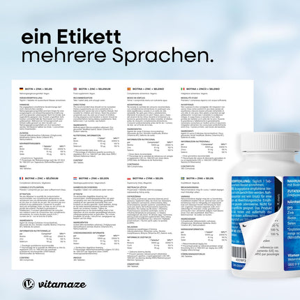 Augstas devas biotīns 10 000 mcg + selēns + cinks matu augšanai, ādai un nagiem, 365 vegānas tabletes 1 gadam, uztura bagātinātājs bez piedevām, ražots Vācijā