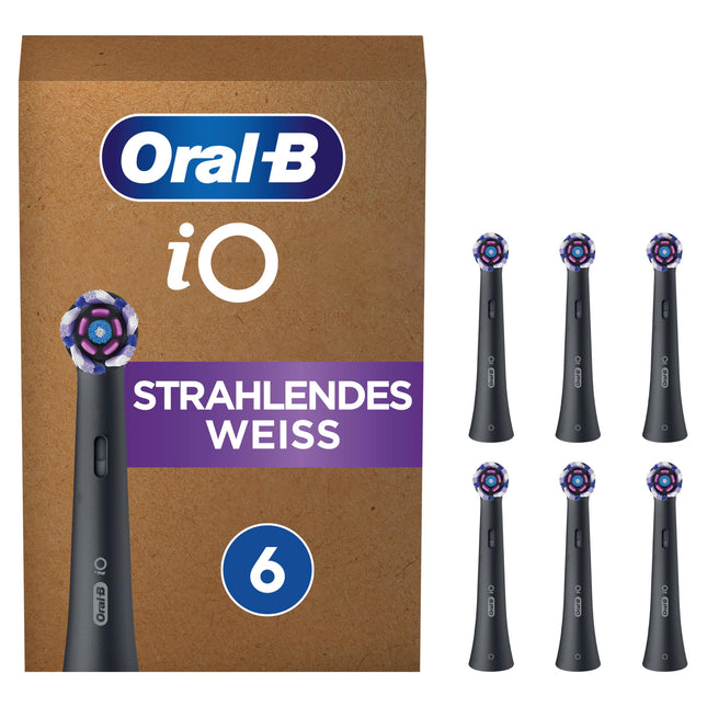 Oral-B iO Radiant White elektriskās zobu birstes uzgaļi, 6 iepakojumā, balinoši zobi, oriģinālais zobu birstes uzgalis Oral-B iO zobu birstēm, pastkastītei drošs iepakojums, melns
