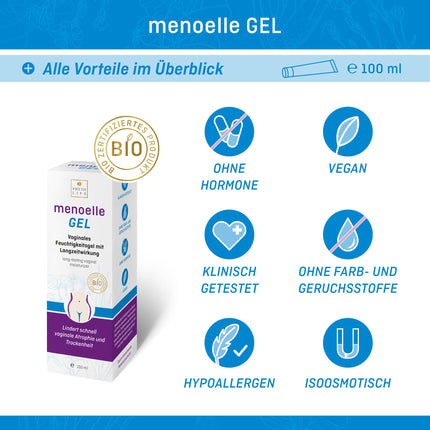 menoelle® GEL – sertificēts organisks vaginālais gels | Mitrinošs gels maksts sausuma, kairinājuma, niezes, dedzināšanas, nepatīkamas smakas un jutīguma gadījumā | Bez hormoniem un ķīmiskām piedevām | 100 ml
