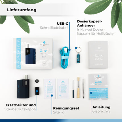 WOLKENKRAFT ÄRiS ULTRA Premium iztvaicētājs - USB-C | Titāna kamera | Temperatūra 100–220 °C | Darbības taimeris 3–7 min. | ECA konvekcijas tehnoloģija *Nakts zila*