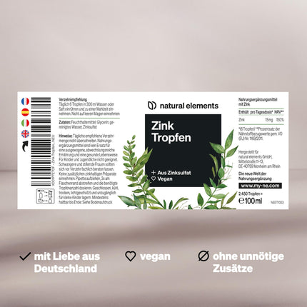 Cinka pilieni - 100 ml - 15 mg cinka dienā - Premium: Jonu cinks (cinka sulfāts) - Bez alkohola, laboratorijā pārbaudīts, 100% vegāns un ražots Vācijā