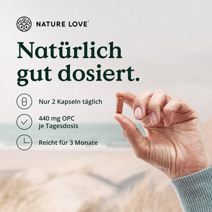 NATURE LOVE® OPC vīnogu kauliņu ekstrakts - 180 kapsulas - Augsta deva ar 800 mg ekstrakta dienā - no Francijas vīnogām - ar dabīgu C vitamīnu - laboratoriski pārbaudīts, vegāns, ražots Vācijā