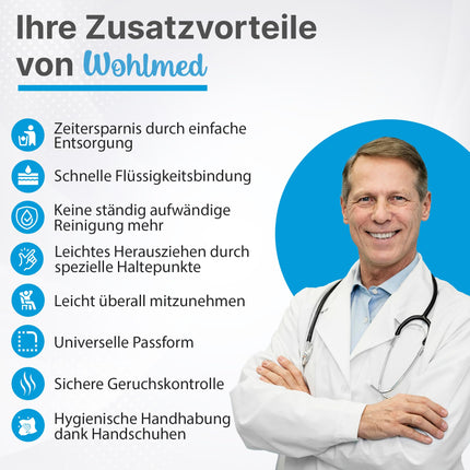 Wohlmed 50 daļu hermētisku tualetes maisiņu un absorbējošu paliktņu komplekts, ieskaitot 50 cimdu pārus, plīstizturīgi un hermētiski, higiēniski un absorbē smakas, ideāli piemēroti gultas podiem, tualetēm un kempingam.