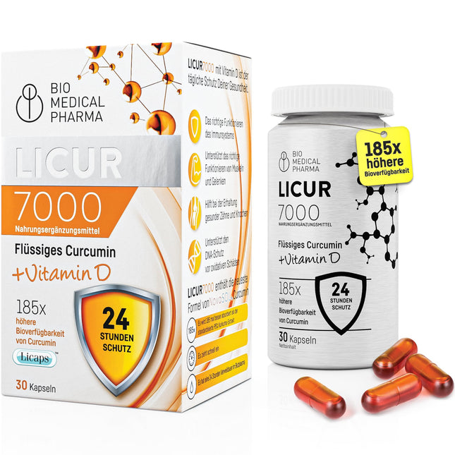 Kurkumas kapsulas ar D3 vitamīnu – 185 reizes augstāka biopieejamība – augsta micelārā kurkumīna deva – 1 kapsula dienā – atbilst 6600 mg kurkumas pulvera – Licur 7000 ar D vitamīnu (mēneša iepakojums)