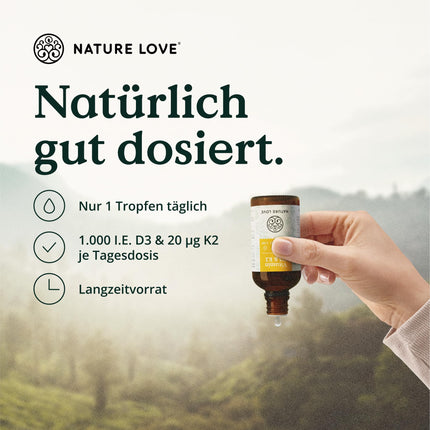 D3 vitamīns + K2 (50 ml) — augsta biopieejamība, pateicoties oriģinālajam K2VITAL® 99,7 % trans — laboratoriski pārbaudīts 1000 SV D3 vitamīna vienā pilienā (1700 pilieni ar D vitamīnu + K vitamīnu) — MCT eļļā — augsta deva