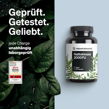 Nattokināze – 180 lielas devas kapsulas, katra pa 100 mg (20 000 FU/g) – bez ĢMO – vegāns, bez nevajadzīgām piedevām – ražots Vācijā un laboratorijā pārbaudīts