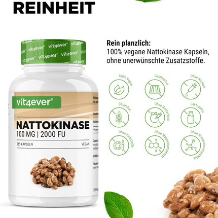 Nattokināze - 365 kapsulas pa 100 mg katra (20 000 FU/g) - 12 mēnešu krājumi - vegāns - bez ĢMO - bez nevēlamām piedevām