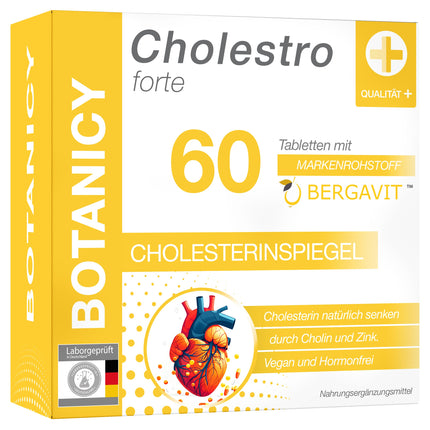 BOTANICY Cholestro Forte ar BERGAVIT® - dabiski pazemina holesterīna līmeni - bergamotes ekstrakts, A, C un E vitamīni, cinks, selēns un holīns - bez hormoniem, vegāns - 60 tabletes