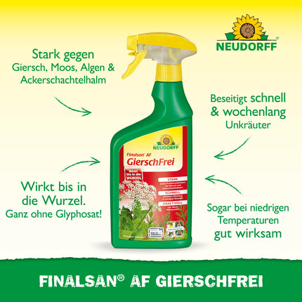 Neudorff Finalsan AF GierschFrei – ātras iedarbības nezāļu iznīcinātājs pret zemes plūškoku un kosu. Iedarbojas līdz pat matu saknēm, 750 ml