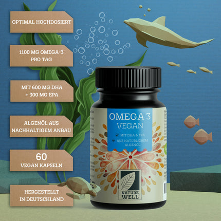 Omega-3 vegāns 60 kapsulas, augsta deva, 2000 mg Omega-3 aļģu eļļas dienā ar 600 mg DHA un 300 mg EPA, vegāna omega no ilgtspējīgas audzēšanas kā zivju eļļas alternatīva, laboratorijā pārbaudīta ar sertifikātu, NatureWell