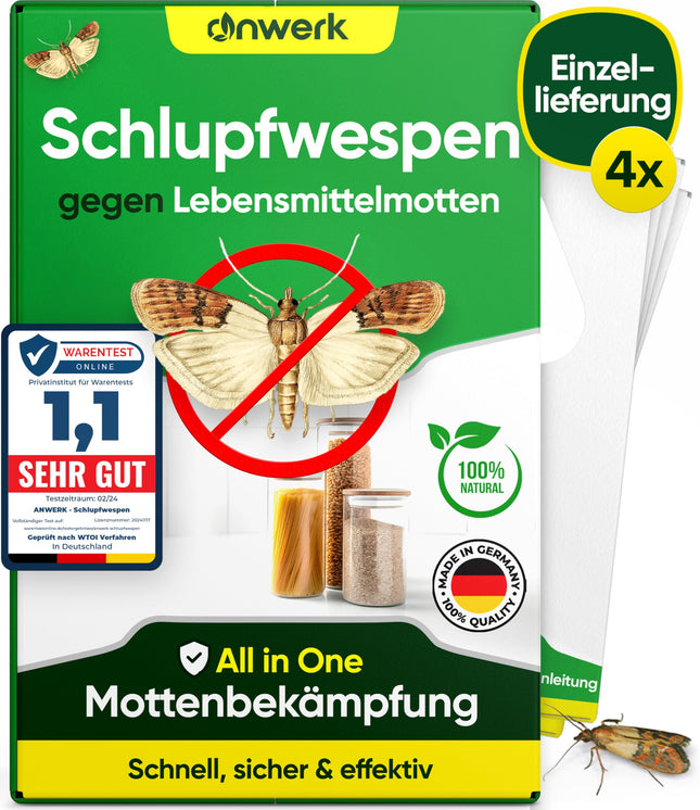 anwerk® Parazītiskās lapsenes pret pārtikas kodēm — 4 kartītes vienā piegādē — Efektīvi apkaro pārtikas kodes — Alternatīva kožu slazdiem, kožu aerosoliem un feromonu slazdiem (4 kartītes vienā piegādē)