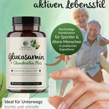 Surpresa dabīgās glikozamīna un hondroitīna kapsulas ar augstu devu I 1 x 195 kapsulas I 1500 mg glikozamīna un 1200 mg hondroitīna vienā dienas devā I Uztura bagātinātājs bez piedevām un laboratoriski pārbaudīts