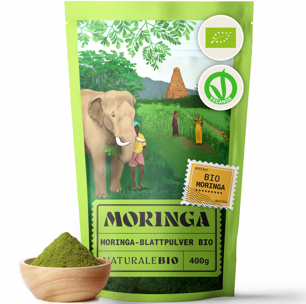 NaturaleBio Moringa Oleifera pulveris – 400 g augstākās kvalitātes organisks mārrutku pulveris – dabīgs bioloģisks produkts, bioloģiska un tīra moringa no mārrutku koka lapām
