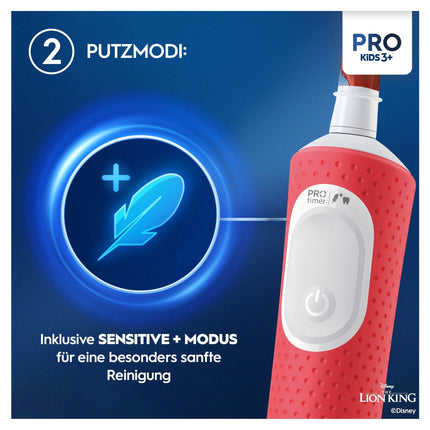 Oral-B Pro Kids Lion King elektriskā zobu birste bērniem no 3 gadu vecuma, ieskaitot Sensitive+ režīmu zobu kopšanai, īpaši mīksti sariņi, 1 birstes galviņa, 1 ceļojumu maciņš, balta/sarkana