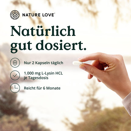 NATURE LOVE® L-lizīns - 365 vegānas kapsulas - 1000 mg L-lizīna HCl vienā dienas devā - Lizīns no augu fermentācijas - 6 mēnešu krājumi - Laboratorijā pārbaudīts, bez piedevām un ražots Vācijā