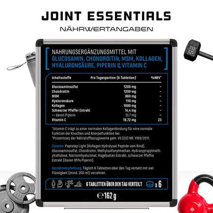 Joint Essentials - 180 tabletes - augsta deva ar 5100 mg dienā - glikozamīns + hondroitīns + MSM + hialuronskābe + kolagēns + C vitamīns + melno piparu ekstrakts - locītavu uztura bagātinātājs