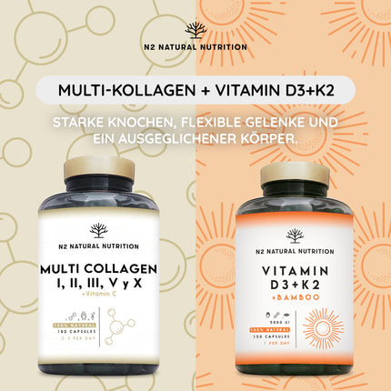 Multi kolagēna kapsulas. Augsta deva – 1650 mg. Bagātinātas ar C vitamīnu. Hidrolizēti I, II, III, V, X tipa kolagēna peptīdi. 180 kapsulas. Ādai, matiem, kauliem un locītavām. N2 dabīgais uzturs