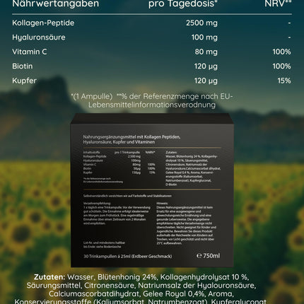 Luondu Beauty kolagēna dzeršanas ampulas ar hialuronskābi (30 ampulas ar 2500 mg augstākās kvalitātes šķidrā kolagēna) | Pretnovecošanās* Dzerams | Ar biotīnu, varu un C vitamīnu, ziedu medu un peru pieniņu