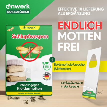 anwerk® Parazītiskās lapsenes pret drēbju kodēm - 8 kartītes ar 1 piegādi katrā - Efektīvi apkaro drēbju kodes - Alternatīva kožu slazdiem, kožu aerosoliem un feromonu slazdiem