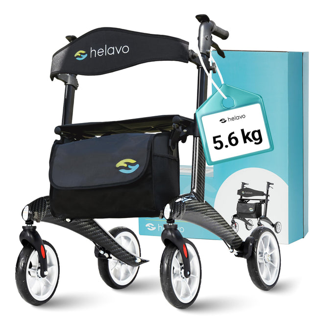 Helavo īpaši vieglais oglekļa šķiedras rollators – tikai 5,6 kg – viegls rollators, kas izgatavots no oglekļa šķiedras – ergonomisks dizains vertikālai stājai, salokāms un manevrējams – ideāli piemērots lietošanai iekštelpās un ārā