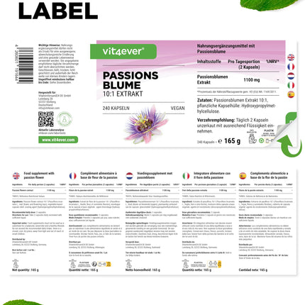 Pasifloras ekstrakts - 240 kapsulas - Premium: 1100 mg ekstrakta 10:1 (atbilst 11000 mg pasifloras) vienā dienas devā - Īpaši liela deva - Bez nevēlamām piedevām - Vegāns - Laboratorijā pārbaudīts