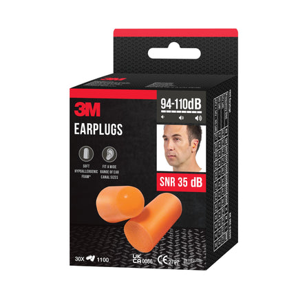 3M ausu aizbāžņi 1100 ar mīkstām putām augstai dzirdes aizsardzībai pret augstu trokšņa līmeni 94–105 dB (SNR: 37 dB) diapazonā, 30 pāri, oranži
