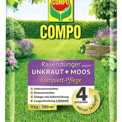 COMPO zāliena mēslojums pret nezālēm un sūnām - 9 kg uz 300 m² - 3 mēnešu ilgstoša iedarbība - COMPO zāliena mēslojums pret nezālēm + sūnām pilnīga kopšana