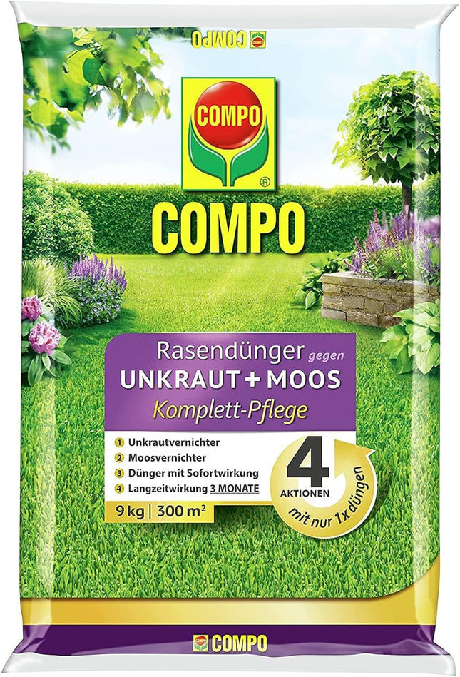 COMPO zāliena mēslojums pret nezālēm un sūnām - 9 kg uz 300 m² - 3 mēnešu ilgstoša iedarbība - COMPO zāliena mēslojums pret nezālēm + sūnām pilnīga kopšana