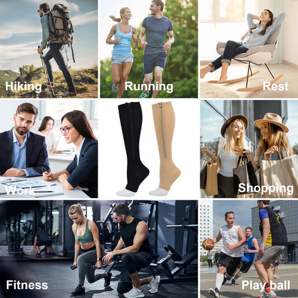Naapesi 2 pāru kompresijas zeķes ar rāvējslēdzēju, kompresijas zeķes ar rāvējslēdzēju, ikru augstuma, atbalsta zeķes ar atvērtiem purngaliem varikozām vēnām, tūskai, atveseļošanai, grūtniecībai