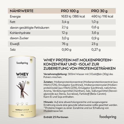 Foodspring - sūkalu proteīna pulveris ar vaniļas garšu – ar 23 g proteīna muskuļu veidošanai, perfekta šķīdība, ultrafiltrēts, bagāts ar BCAA un EAA – pilnvērtīga un garda garša (750 g)
