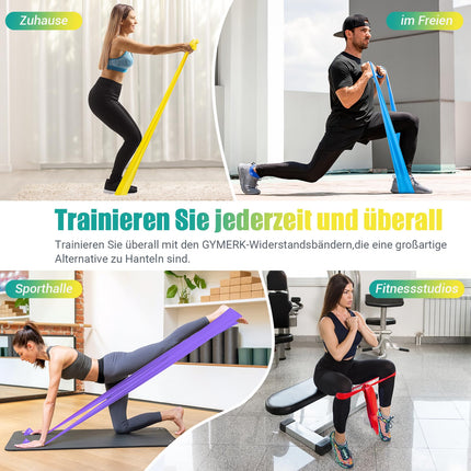 GYMERK fitnesa lentu komplekts (4 gab.), 1,8 m fitnesa lentes, 4 pretestības līmeņi ar vingrojumu plakātu, vingrojumu lente ar pārnēsāšanas somu un vingrojumu instrukcijām, ideāli piemērotas jogai, Pilates, muskuļu veidošanai, fizioterapijai