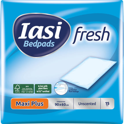 IASI gultas paliktnis, vienreizlietojamais gultas šķērsstienis 60x90, Maxi Plus absorbcijas spēja, smakas kontroles tehnoloģija, bez smaržas, 15 iepakojumā