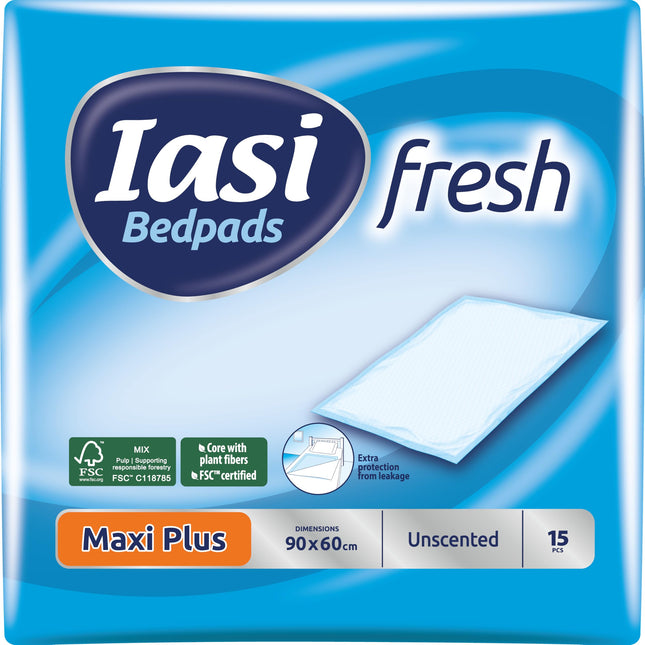 IASI gultas paliktnis, vienreizlietojamais gultas šķērsstienis 60x90, Maxi Plus absorbcijas spēja, smakas kontroles tehnoloģija, bez smaržas, 15 iepakojumā