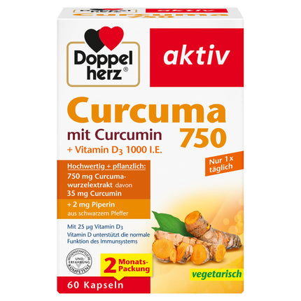 Doppelherz Curcuma 750 ar kurkumīnu + D3 vitamīnu 1000 SV – D vitamīns veicina normālu imūnsistēmas darbību – 60 kapsulas