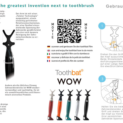 Toothbat WOW zobu diega turētājs perfektai mutes dobuma un zobu tīrīšanai, starpzobu tīrīšanai, mutes dobuma higiēnai, veselības aprūpei (oranžs)