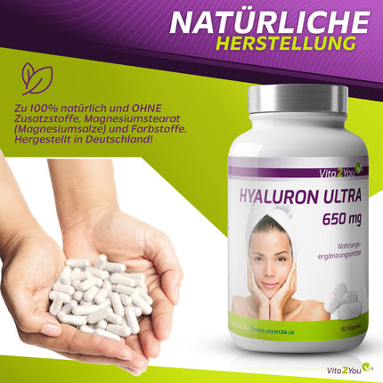 Vita2You hialuronskābe Ultra 650 mg - 90 vegānas kapsulas - augu izcelsmes, fermentētas - 500-700 kDa - augsta deva - 3 mēnešu krājumi - bez piedevām - hialuronskābe - augstākā kvalitāte