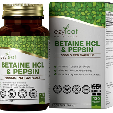 Ezyleaf betaīna hidrohlorīds pepsīns 680 mg | 120 vegāniskas betaīna HCL kapsulas | Betaīna hidrohlorīds ar pepsīnu | Gremošanas enzīmi | Bez mākslīgām sastāvdaļām | ISO sertificēts, bez glutēna un ĢMO | No Lielbritānijas