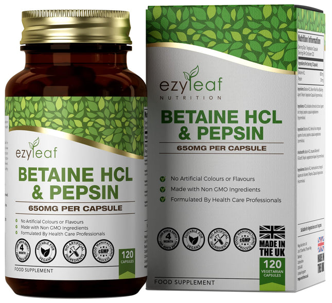 Ezyleaf betaīna hidrohlorīds pepsīns 680 mg | 120 vegāniskas betaīna HCL kapsulas | Betaīna hidrohlorīds ar pepsīnu | Gremošanas enzīmi | Bez mākslīgām sastāvdaļām | ISO sertificēts, bez glutēna un ĢMO | No Lielbritānijas