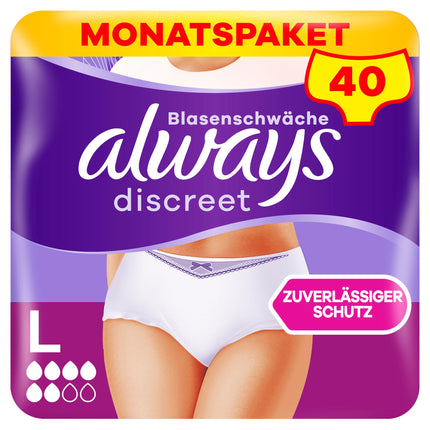 Always Discreet urīna nesaturēšanas biksītes L izmērs, normālas, 40 biksītes (4 x 10 gabali) sievietēm, mēneša iepakojums, acumirklī aiztur smakas un šķidrumu.