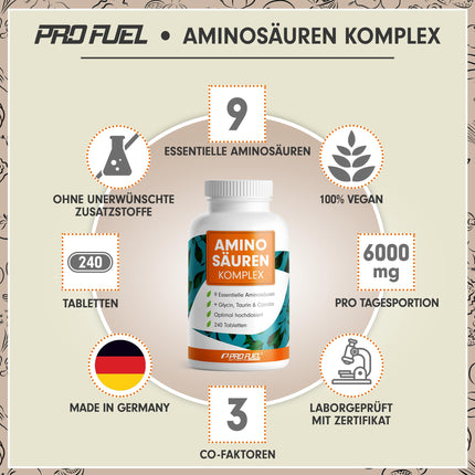 Augstas devas aminoskābju komplekss - 240 tabletes - 6000 mg aminoskābju dienā - 9 neaizvietojamās aminoskābes + 3 kofaktori: taurīns, karnitīns un glicīns - laboratoriski pārbaudīts ar sertifikātu - 100% vegāns