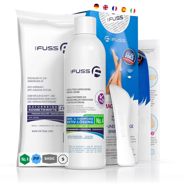 Mr. Fuss tulznu noņemšanas šķīdums saudzīgai tulznu noņemšanai. Ātri mīkstinošs losjons 250 ml Nr. 4 Plus iepakojumā. Pēdu kopšanas pedikīra komplekts bez slīpēšanas ar tūlītēju efektu.