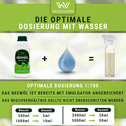 WENDOWERK® Nīma eļļa [1000 ml] - Komplektā ietilpst smidzināšanas pudele un mērtrauks - Nīma eļļa ar emulgatoru tiešai lietošanai - Nīma eļļa dabīgai augu kopšanai lietošanai iekštelpās un ārā