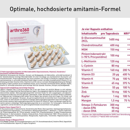 Amitamīns arthro360, 120 lielas devas kapsulas, aptiekas kvalitāte, 15 barības vielas locītavām un kauliem ar glikozamīnu, hondroitīnu, MSM, individuāli higiēniski iepakotas