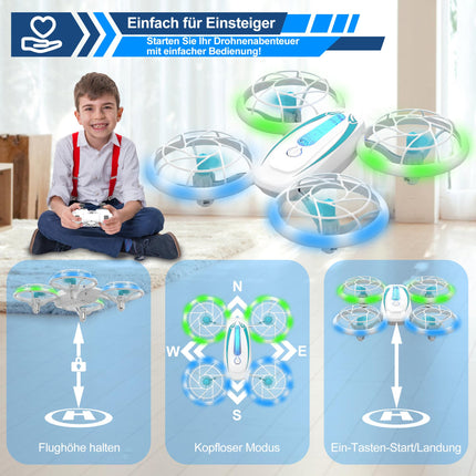 Wipkviey T18 mini drons bērniem, tālvadības kvadrokopters ar augstuma noturēšanu un bezgalvas režīmu, drons ar zilām un zaļām gaismām un 360° rotāciju zēniem, meitenēm iesācējiem, 2 baterijas