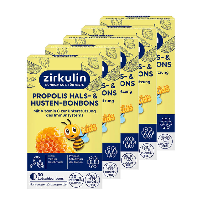 Zirkulin propolisa kakla un klepus sūkājamās tabletes bērniem (5 x 30 gab.) – 20 mg propolisa vienā tabletē – ar vērtīgu C vitamīnu – medus un apelsīnu garša – nomierinošas sūkājamās tabletes – bez cukura